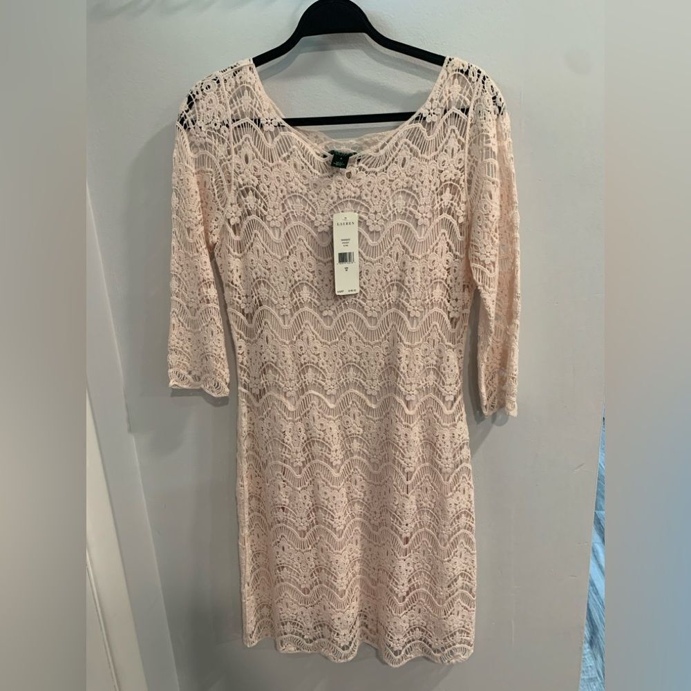 Ralph Lauren Blush Pink Lace Long Sleeve Dress